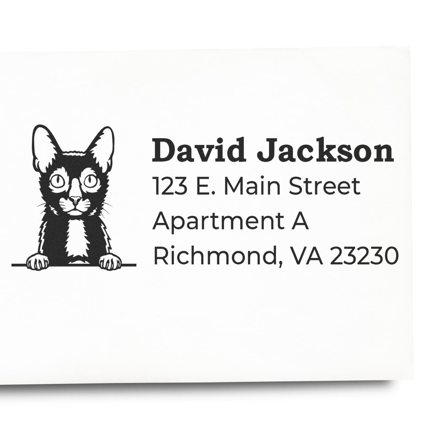 Wood Handle Lykoi Cat Address Stamp imprint showing a cute Lykoi cat illustration above the name and address: David Jackson, 123 E. Main Street, Apartment A, Richmond, VA 23230.