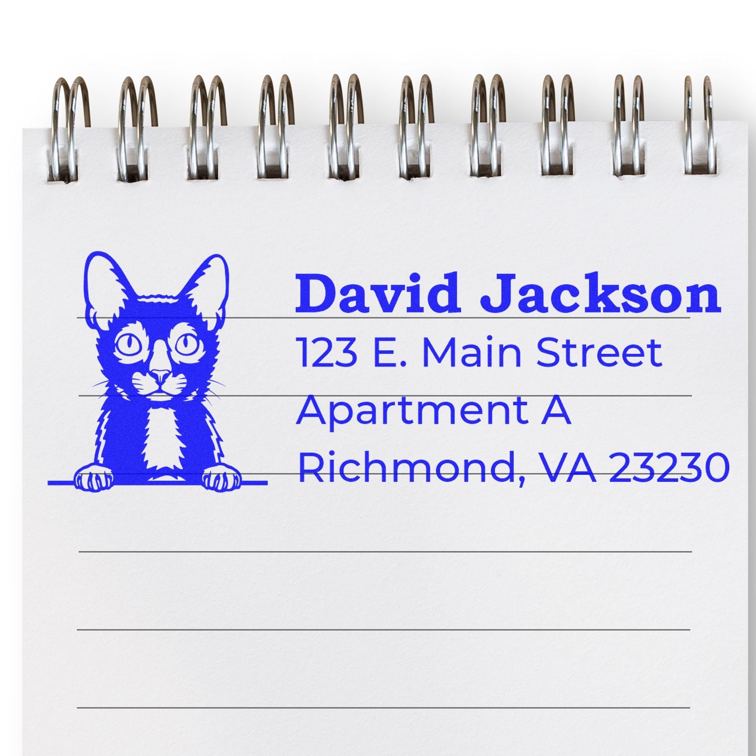 PSI Pre-Inked Peeking Lykoi Cat Personalized Address Stamp on a notepad, featuring a blue Lykoi cat design with sample address text in bold blue font.