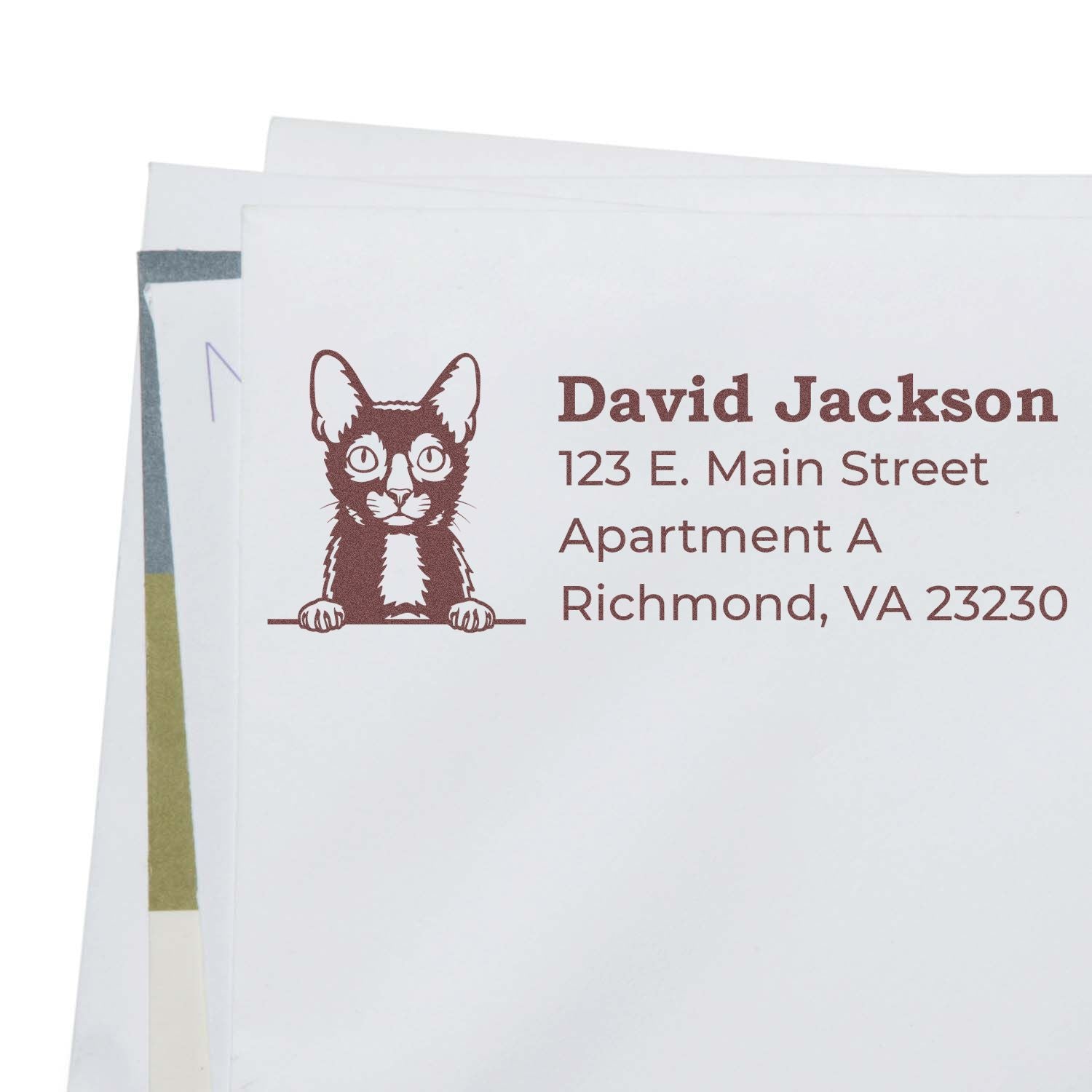 PSI Pre-Inked Peeking Lykoi Cat Personalized Address Stamp on an envelope, featuring a cute cat illustration and sample address text in brown ink.