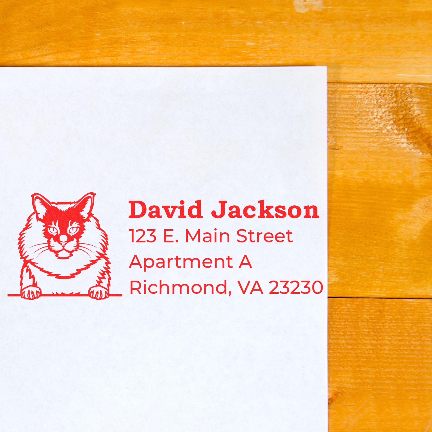 Slim Pre-Inked Maine Coon Peeking Cat Return Address Stamp on white paper with red ink, featuring a Maine Coon cat illustration and sample address text, placed on a wooden surface.