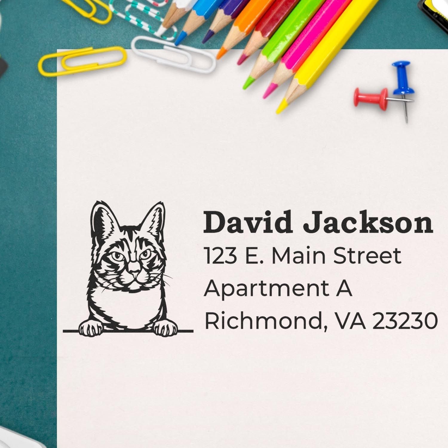 Self-Inking Manx Custom Address Stamp on paper with a cat design, surrounded by colorful pencils, paperclips, and a pushpin on a green surface.