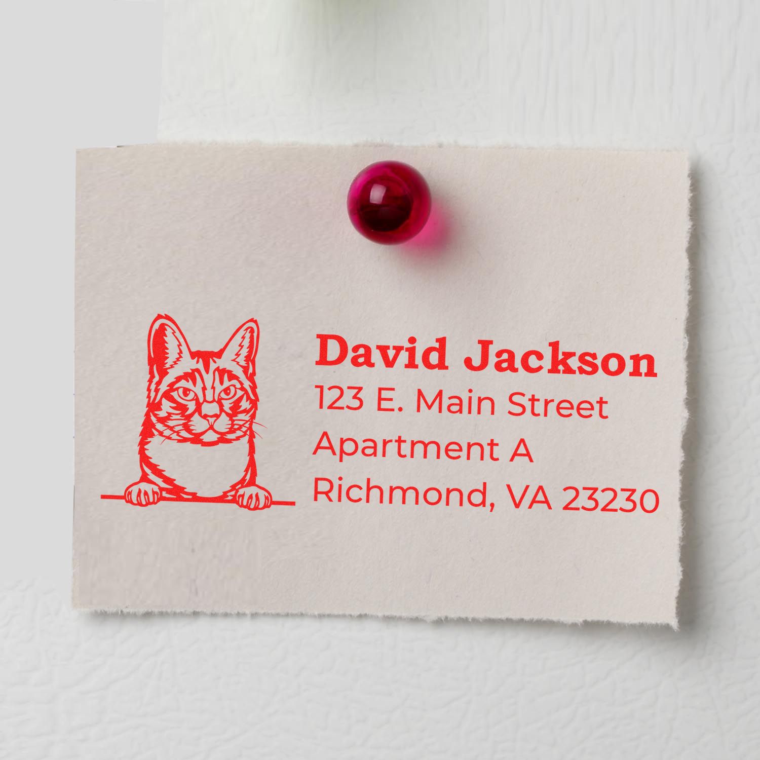 Wood Handle Manx Cat Address Stamp on a note with a red cat illustration and address details pinned with a red thumbtack.