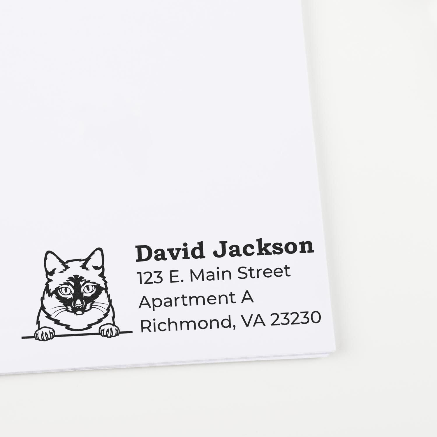 PSI Pre-Inked Peeking Mekong Bobtail Cat Personalized Address Stamp on white paper, featuring a cat illustration above the name and address in bold black text.