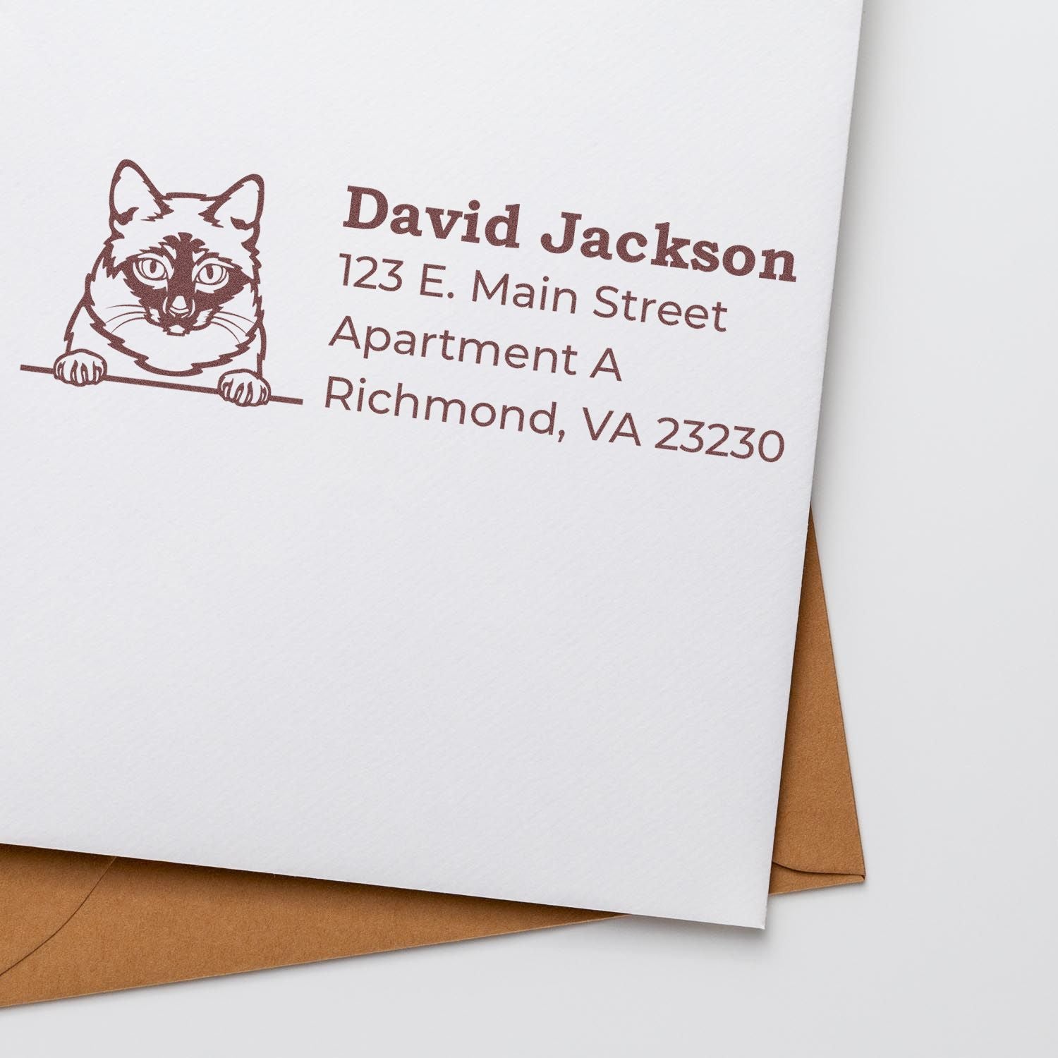 PSI Pre-Inked Peeking Mekong Bobtail Cat Personalized Address Stamp on white envelope with brown paper beneath, featuring a cat illustration and sample address text.