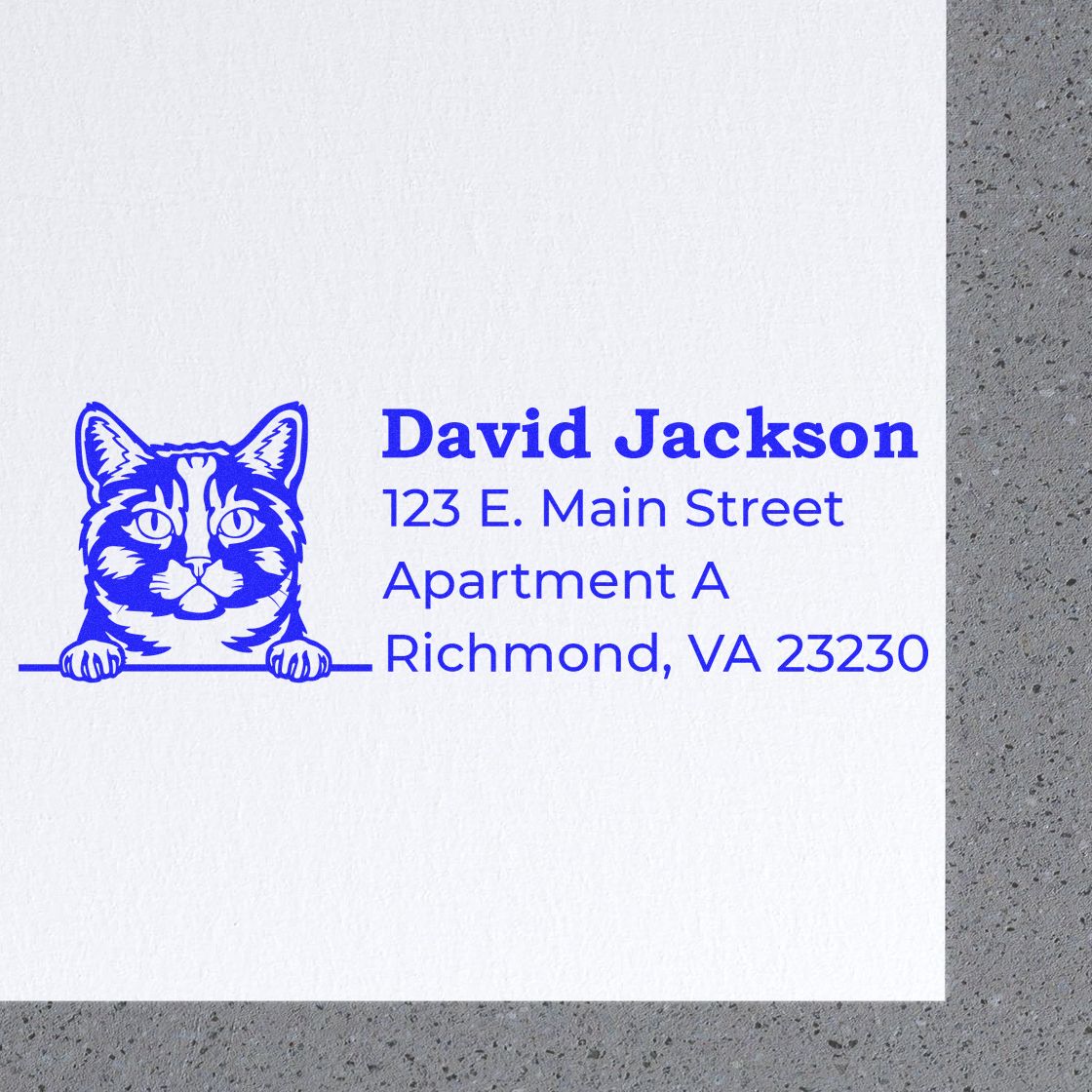 Self-Inking Munchkin Custom Address Stamp featuring a blue cat design with sample address details on a white card against a gray background.