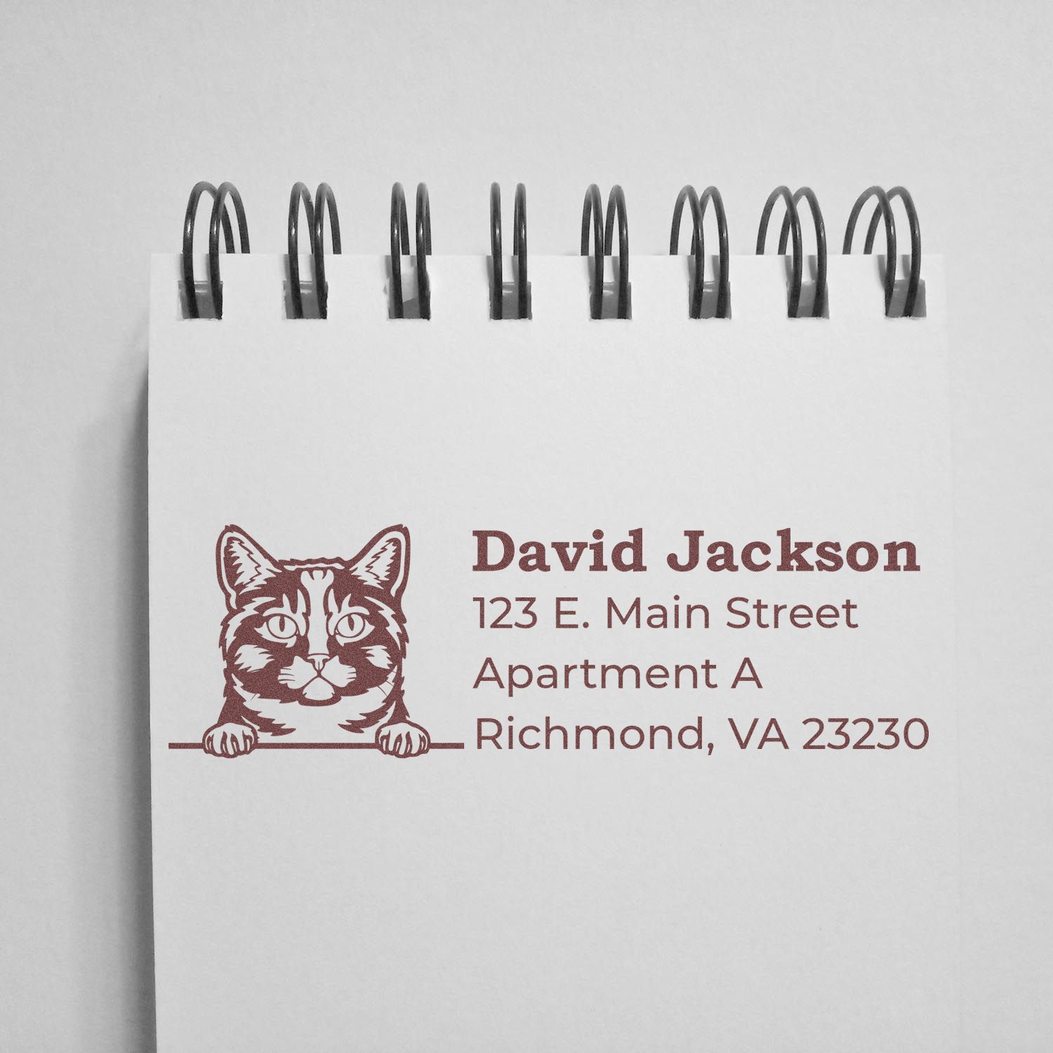 Self-Inking Munchkin Custom Address Stamp featuring a cat design, stamped on a spiral notepad with the name and address in brown ink.