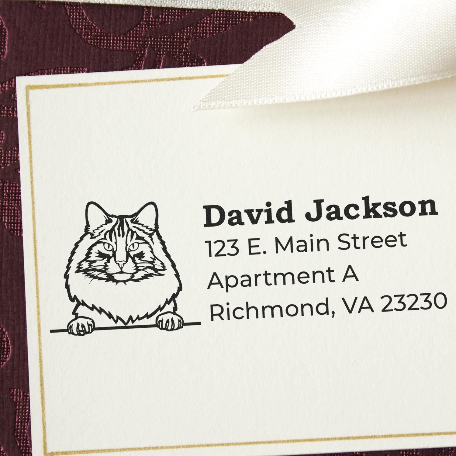 Wood Handle Norwegian Forest Cat Address Stamp on a card with a cat illustration and sample address text, featuring elegant design and clear print on textured paper.