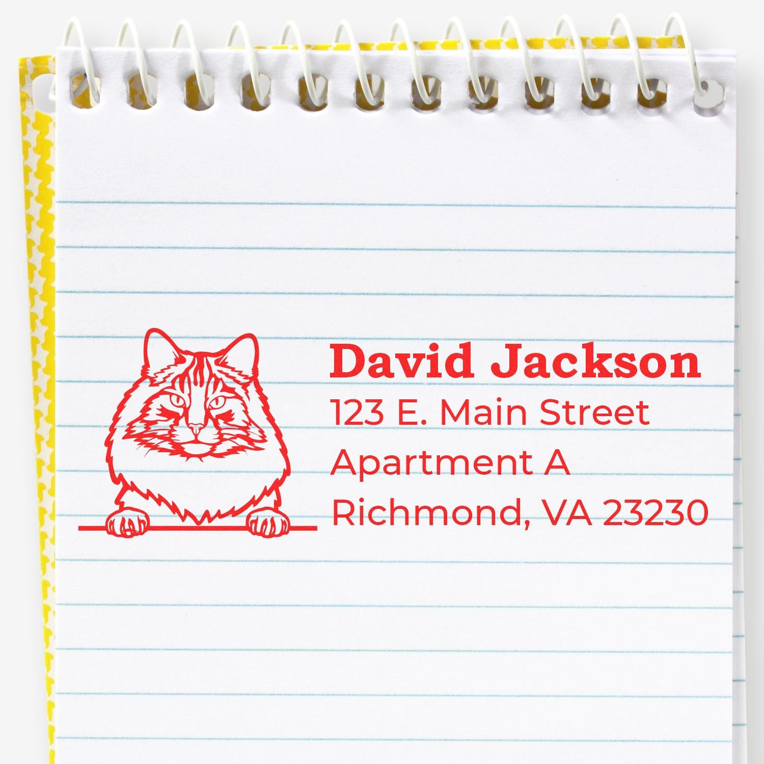 Self-Inking Norwegian Forest Cat Custom Address Stamp on notepad, featuring a red cat illustration with sample address text in bold red font.