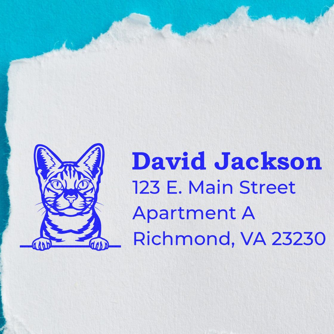 PSI Pre-Inked Peeking Ocicat Cat Personalized Address Stamp on torn paper, featuring a blue ocicat illustration and sample address text in bold font.