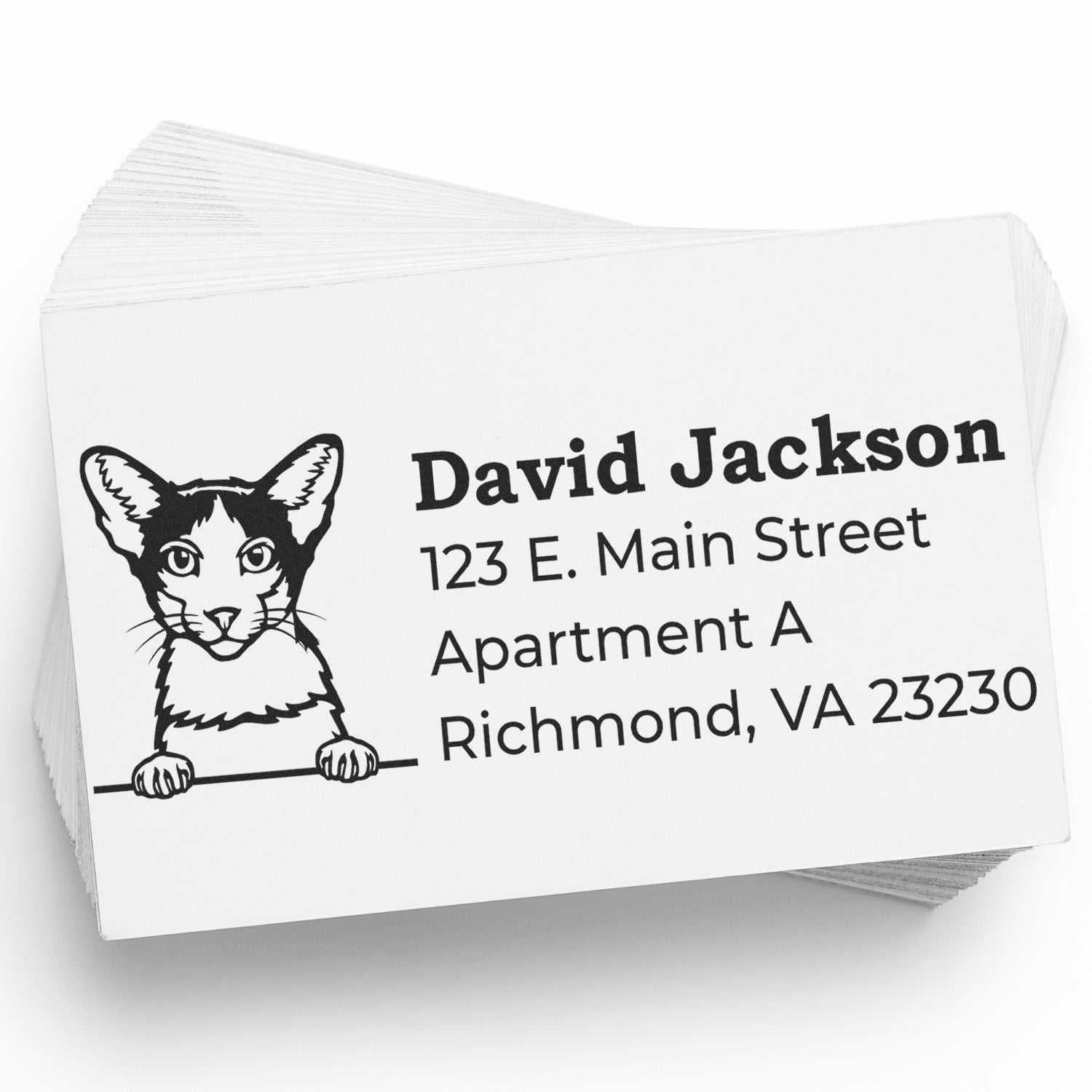 A stack of cards stamped with the Self-Inking Oriental Bicolor Custom Address Stamp, featuring a cat illustration and address details in bold black text.