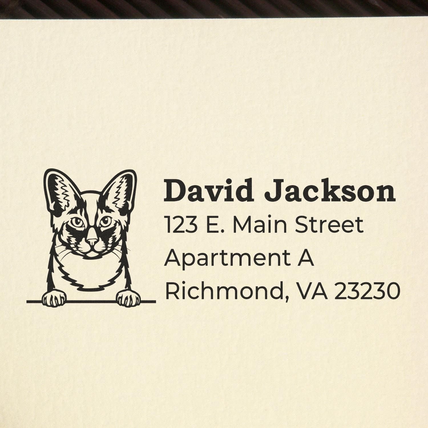 Wood Handle Oriental Longhair Cat Address Stamp on paper, featuring a cat illustration and sample address text: David Jackson, 123 E. Main Street, Apartment A, Richmond, VA 23230.