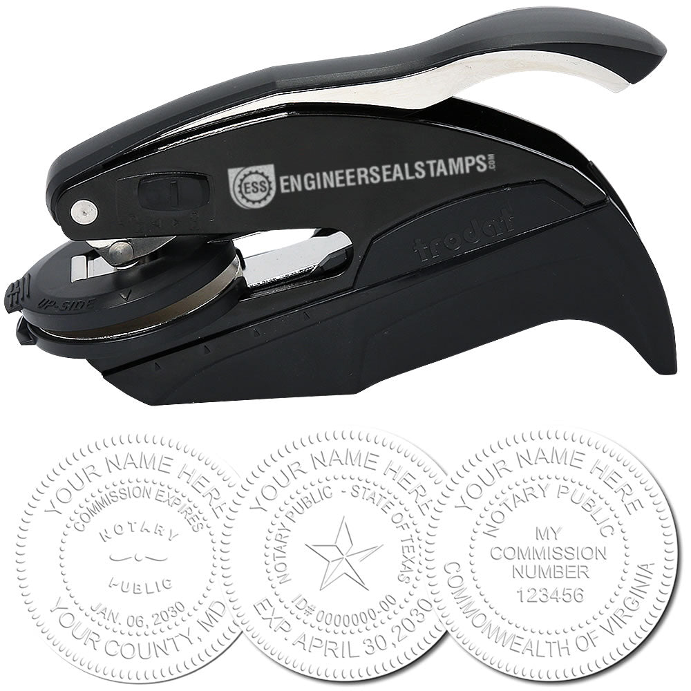 Black Hybrid Notary Embosser with ergonomic handle, shown with three sample embossed seals displaying various notary public information.