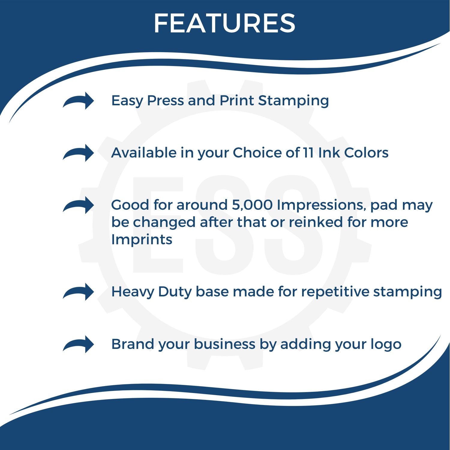 Infographic showcasing the Custom Self Inking Stamp Trodat 5200 Size 1 x 1-5/8, highlighting its heavy-duty design, durability, and ease of use. Ideal for office and business needs.