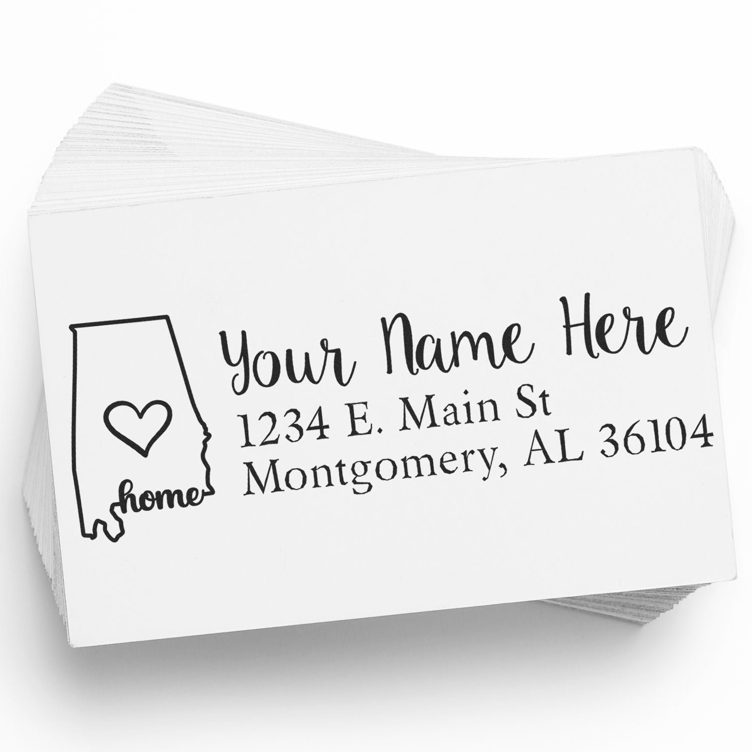 Wood Handle Alabama Custom Address Rubber Stamp on white paper, featuring a heart inside Alabama outline, personalized with Your Name Here and an address in Montgomery, AL.