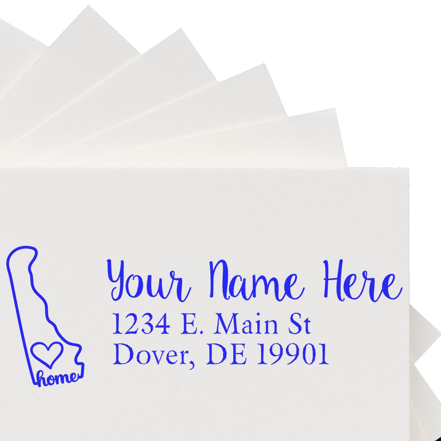 PSI Pre-Inked Personalized Delaware State Love Address Stamp on white envelopes, featuring a blue outline of Delaware with a heart and sample address text.