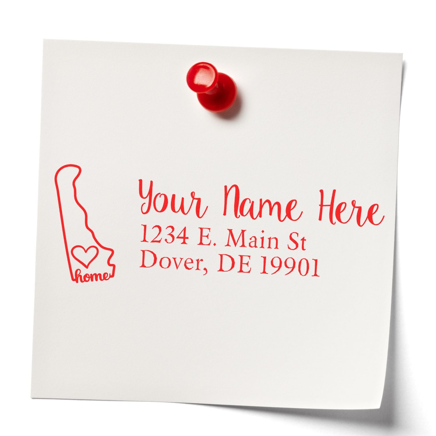 Wood Handle Delaware Custom Address Rubber Stamp imprint on white paper with red ink, featuring a Delaware outline and address details, pinned with a red pushpin.