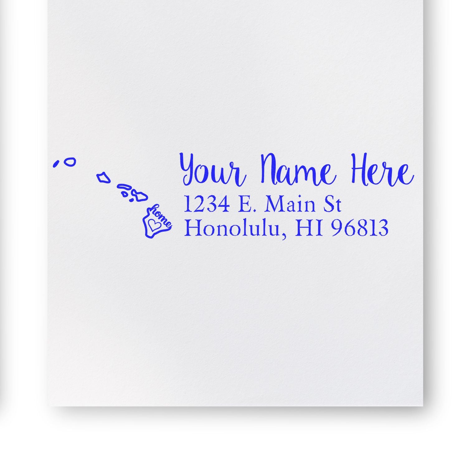 PSI Pre-Inked Personalized Hawaii State Love Address Stamp on white paper, featuring a blue design with the Hawaiian Islands and customizable address text.