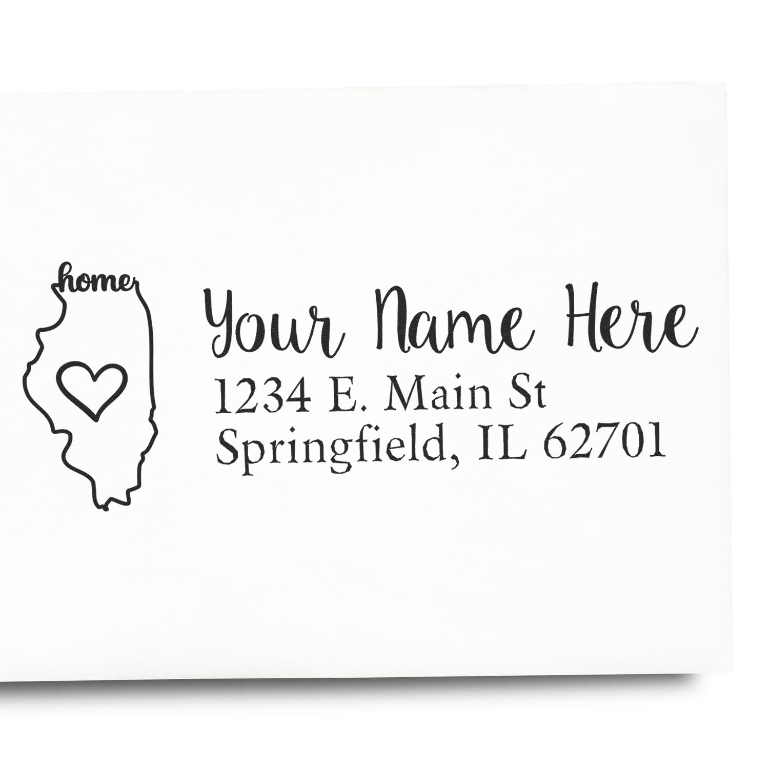 PSI Pre-Inked Personalized Illinois State Love Address Stamp on white paper, featuring a heart inside the Illinois outline and customizable text for name and address.