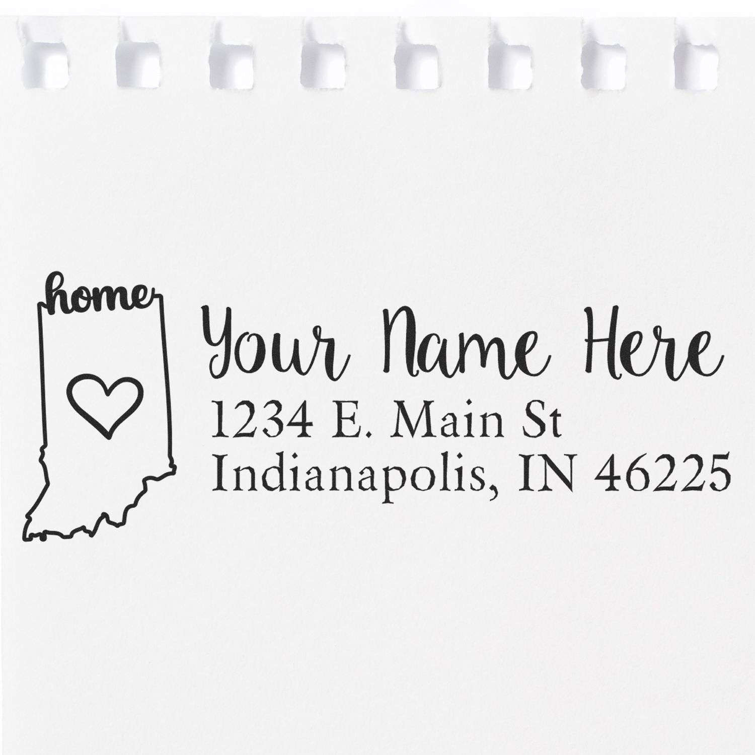 Indiana Self-Inking State Love Address Stamp on white paper, featuring a heart inside the Indiana state outline with customizable address text in elegant font.