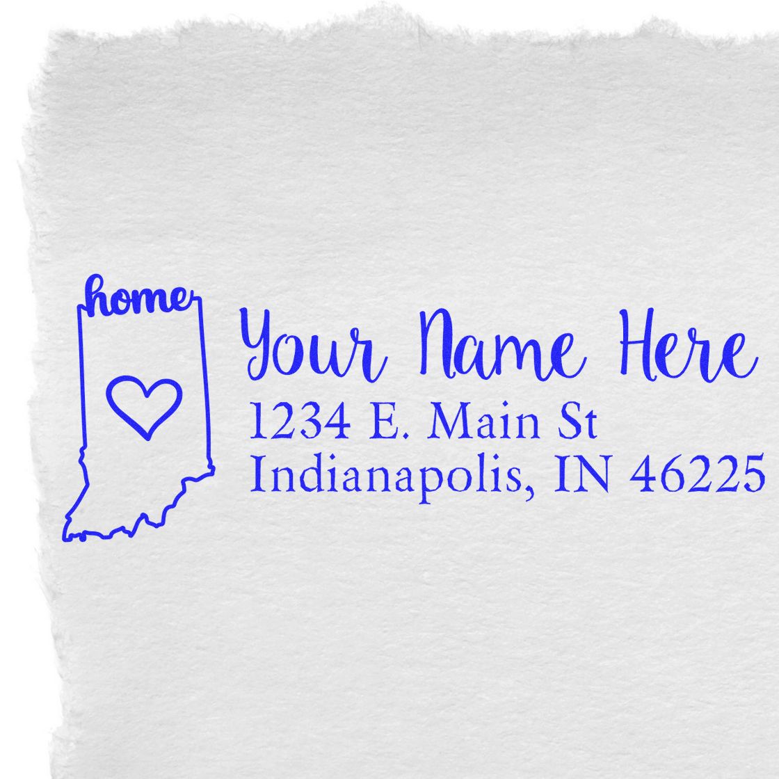 Indiana Self-Inking State Love Address Stamp on white paper, featuring a blue outline of Indiana with a heart and customizable address text.