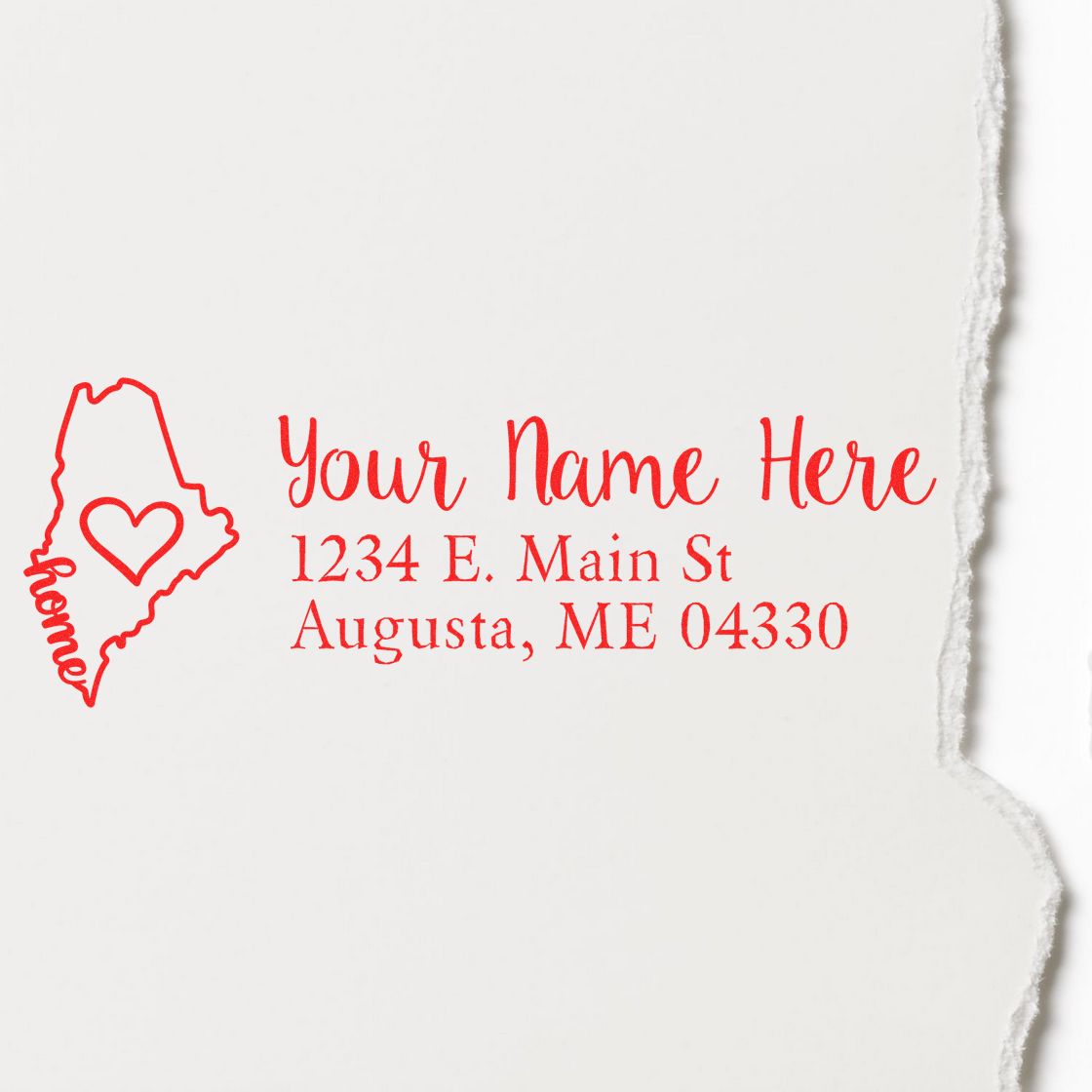 PSI Pre-Inked Personalized Maine State Love Address Stamp in red ink, featuring a heart design and the word home inside the Maine state outline, with customizable name and address fields.