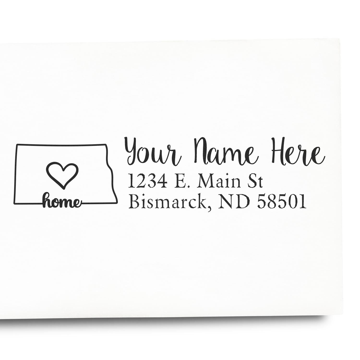 PSI Pre-Inked Personalized North Dakota State Love Address Stamp featuring a heart design and customizable address text, perfect for adding a personal touch to your mail.