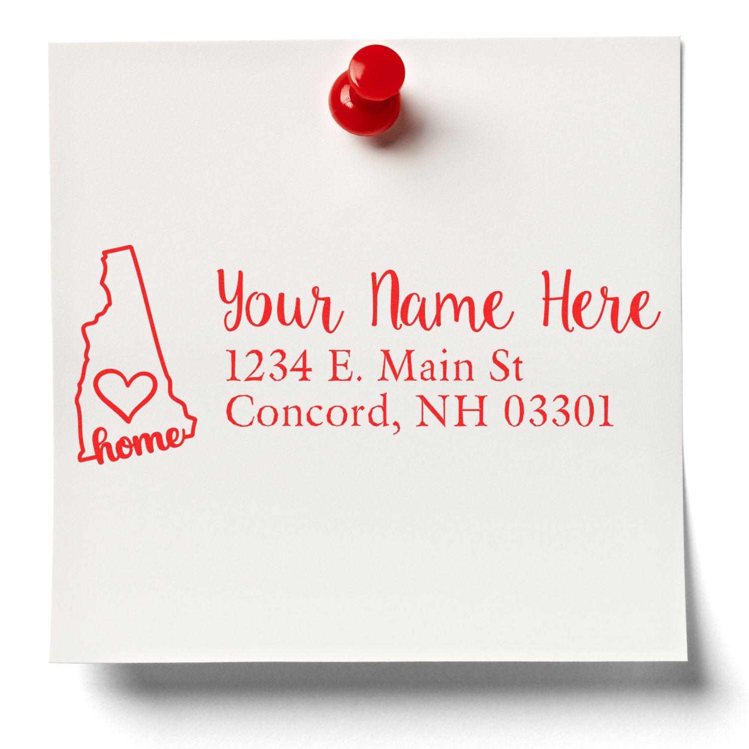 New Hampshire Self-Inking State Love Address Stamp on white paper with red text, featuring a state outline and heart. Includes placeholder address: 1234 E. Main St, Concord, NH 03301.