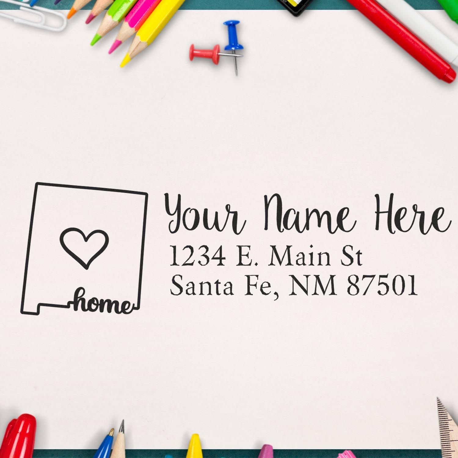 Slim Pre-Inked New Mexico State Love Custom Address Stamp on paper with colorful pencils and push pins around. Features a heart design and sample address: 1234 E. Main St, Santa Fe, NM 87501.