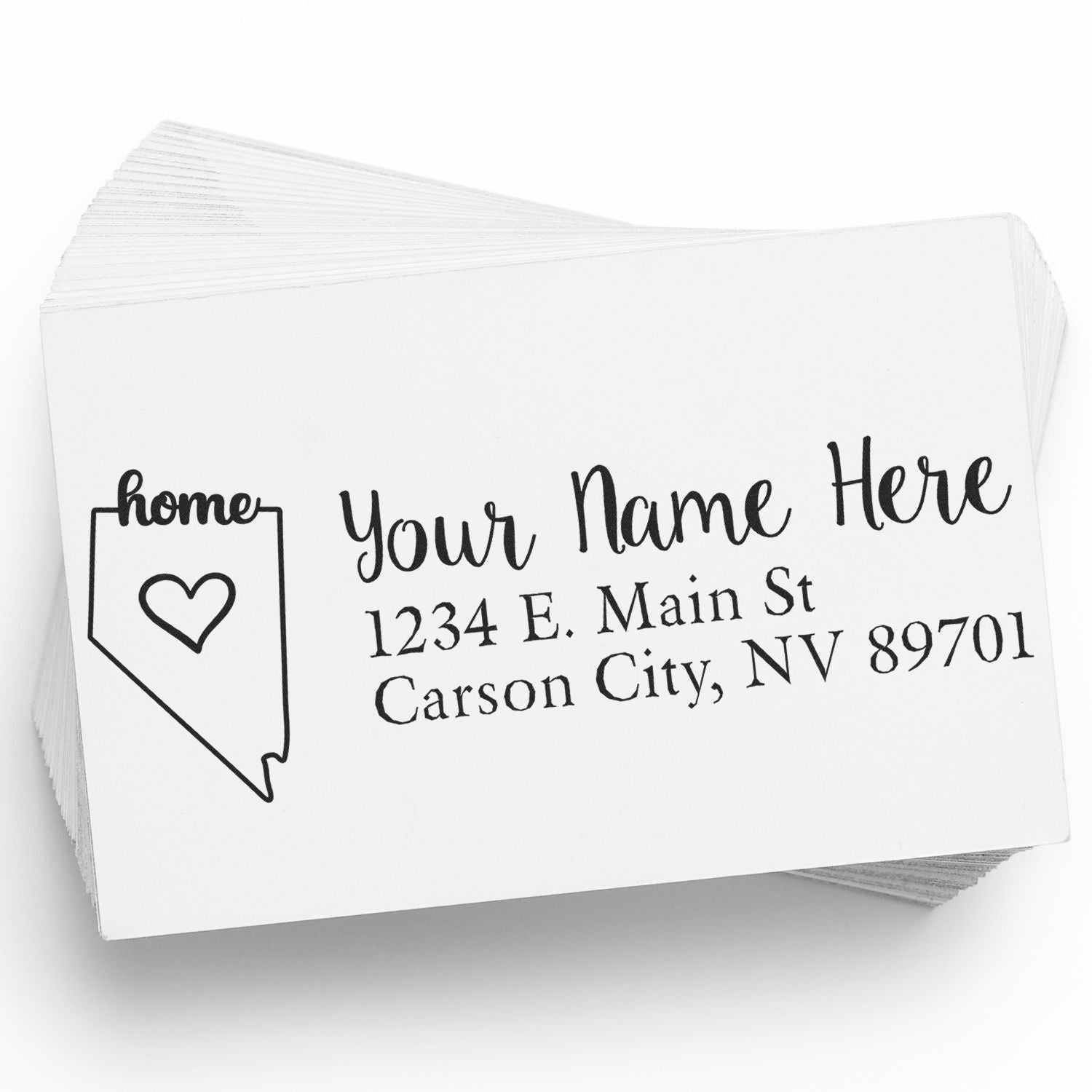 Nevada Self-Inking State Love Address Stamp on a stack of envelopes, featuring a heart inside the Nevada state outline and customizable address text. Perfect for personalizing mail with style.