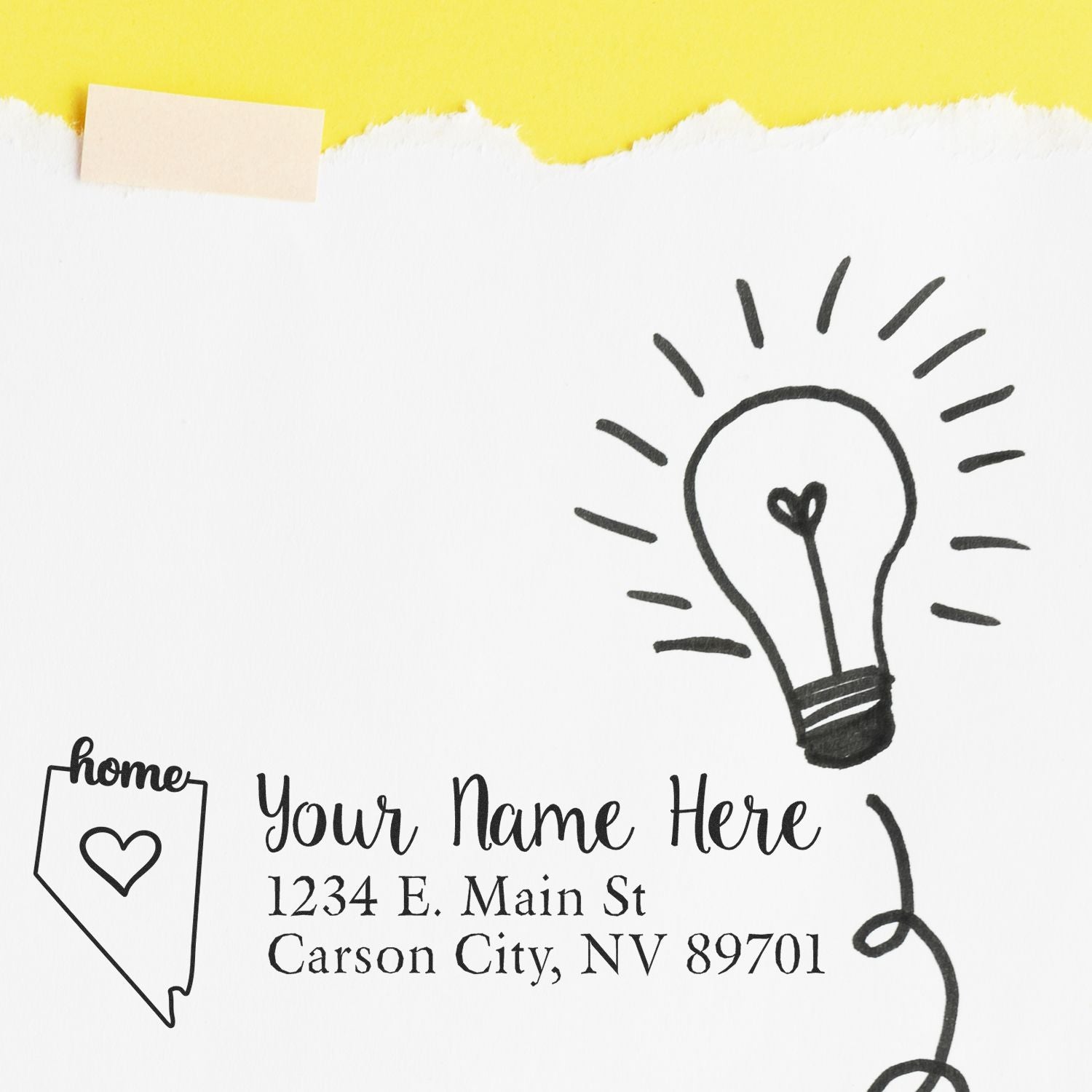 Nevada Self-Inking State Love Address Stamp on white paper with a hand-drawn light bulb and heart. Text reads Your Name Here, 1234 E. Main St, Carson City, NV 89701 on a yellow background.