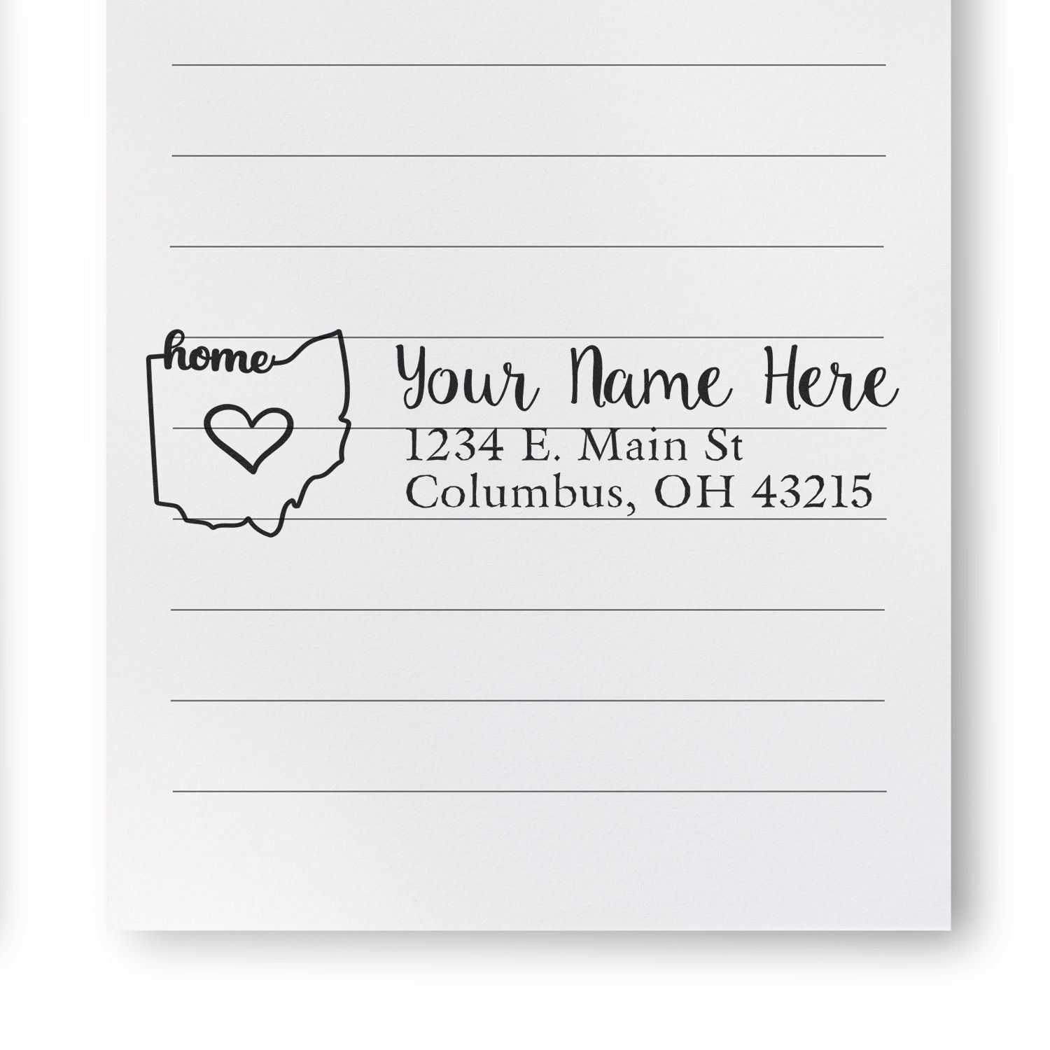 Slim Pre-Inked Ohio State Love Custom Address Stamp on lined paper, featuring a heart inside Ohio outline, personalized with name and address in elegant script.