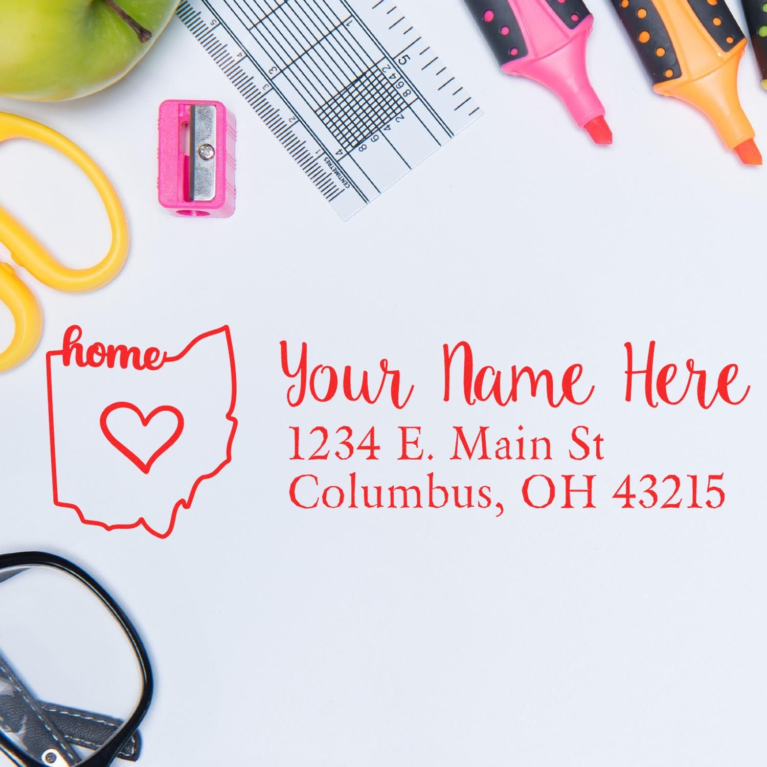 Wood Handle Ohio Custom Address Rubber Stamp on a white surface with colorful stationery items, featuring a red heart design and customizable address text for personalized mailings.