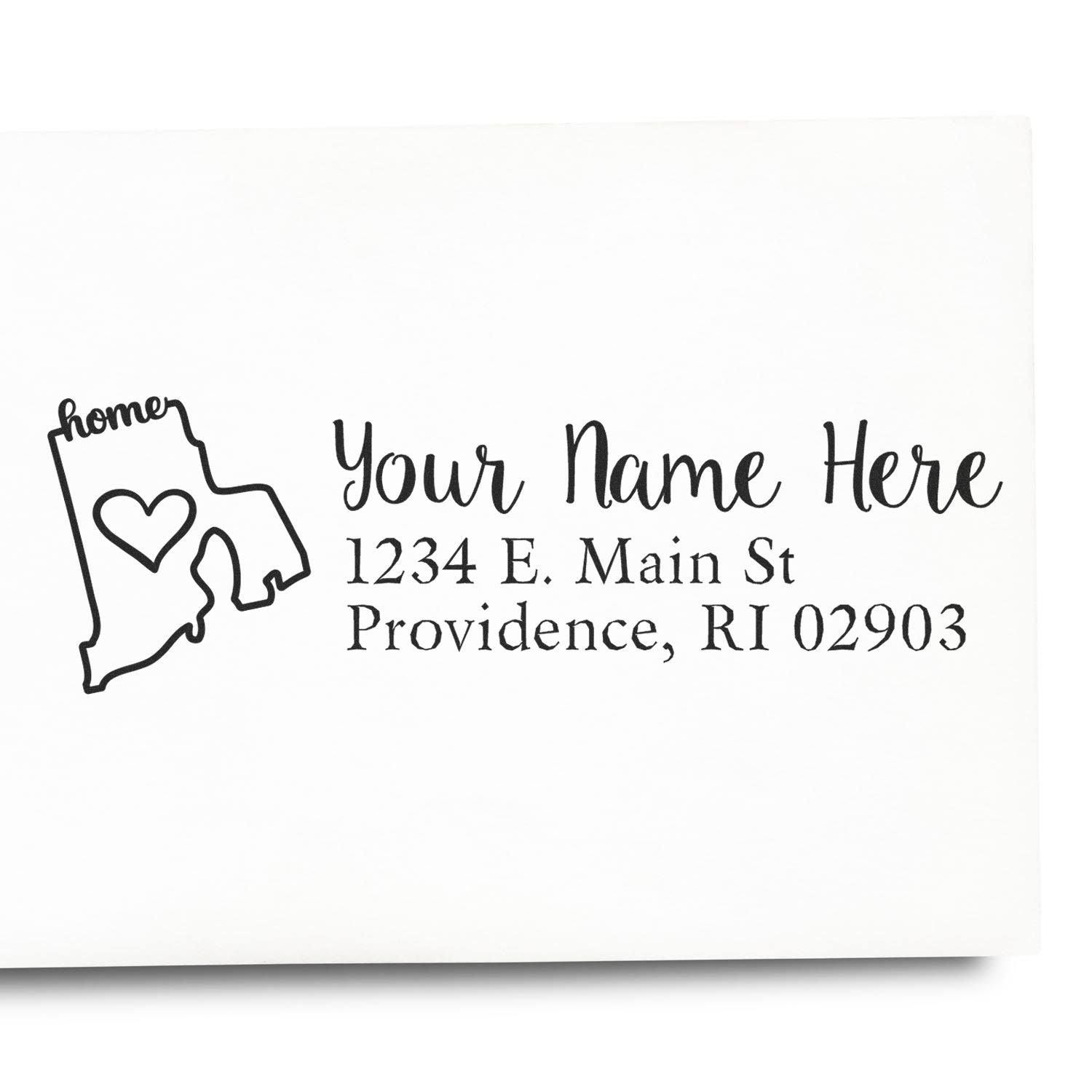 Wood Handle Rhode Island Custom Address Rubber Stamp on white paper, featuring a heart design within the state outline and personalized address text in elegant script.