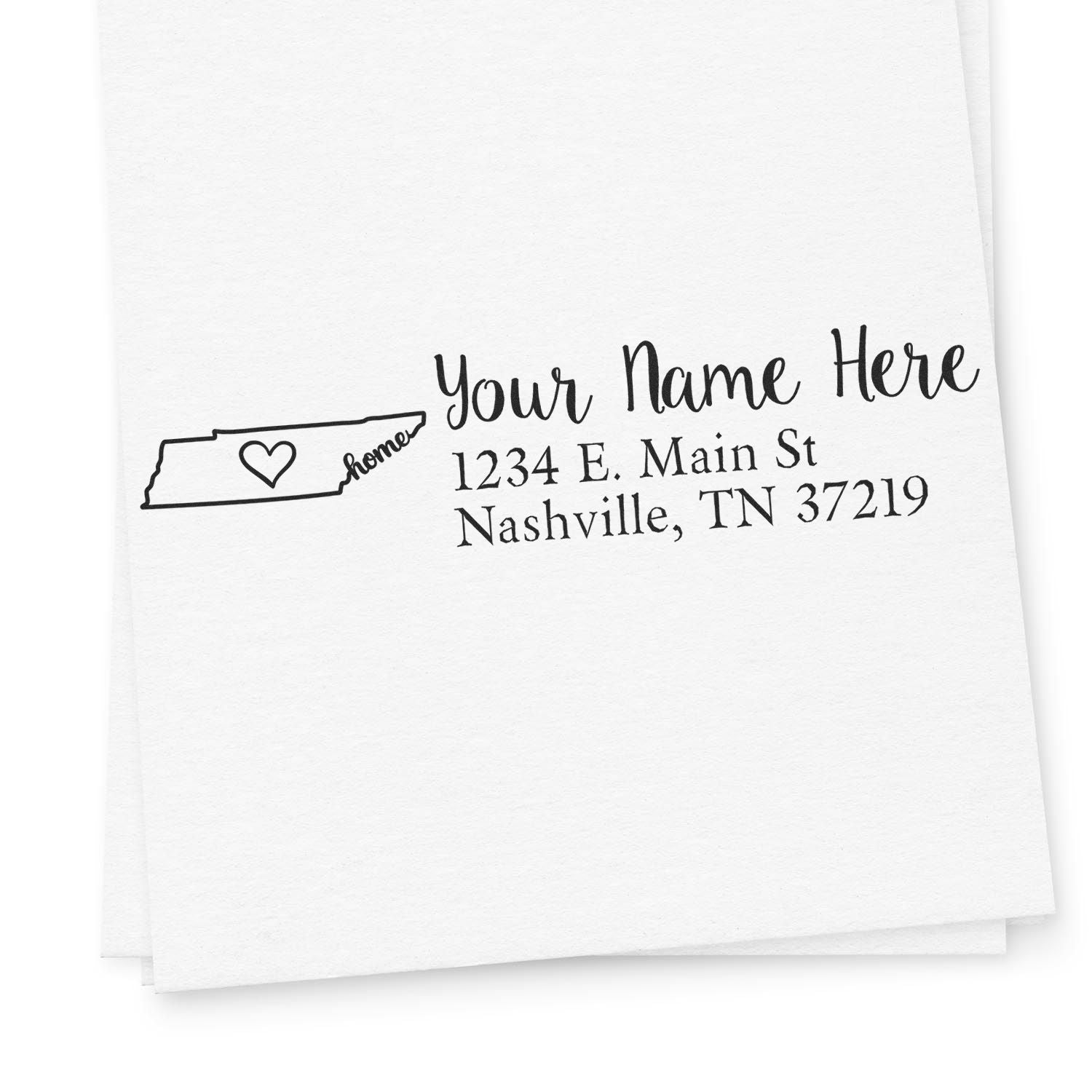 Wood Handle Tennessee Custom Address Rubber Stamp on white paper, featuring a state outline with a heart and customizable address text. Perfect for personalizing mail with a touch of Tennessee charm.