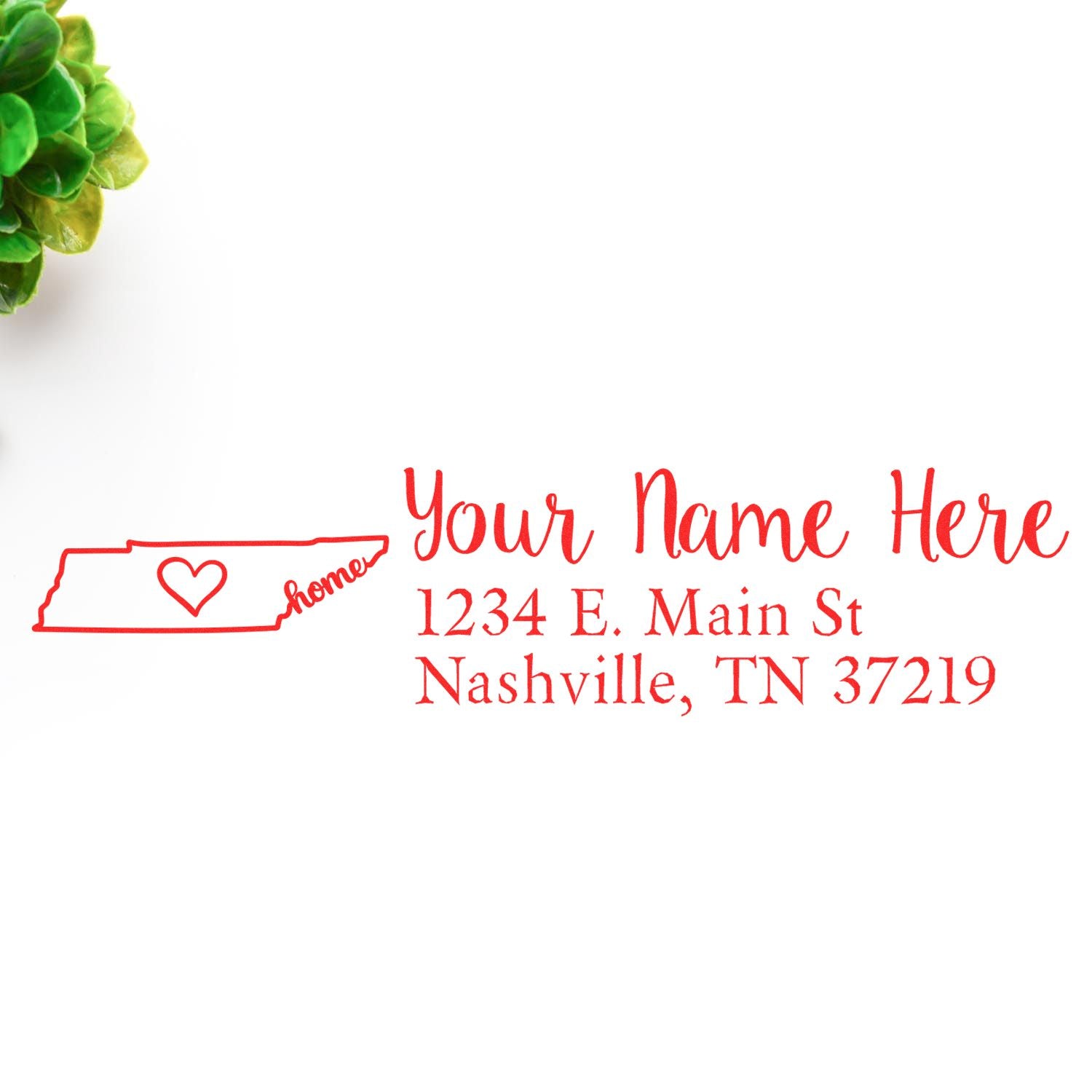 Tennessee Self-Inking State Love Address Stamp in red ink, featuring a heart and home text inside the state outline, with customizable address fields. Perfect for personalizing mail.