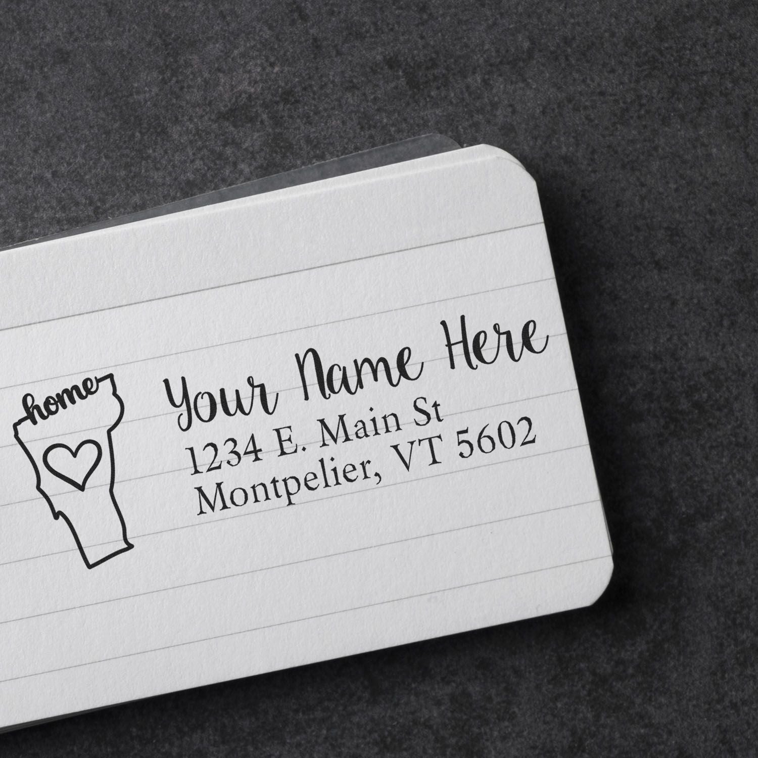 Wood Handle Vermont Custom Address Rubber Stamp on a lined card, displaying a sample address with a heart design. Perfect for personalizing mail with a touch of Vermont charm.