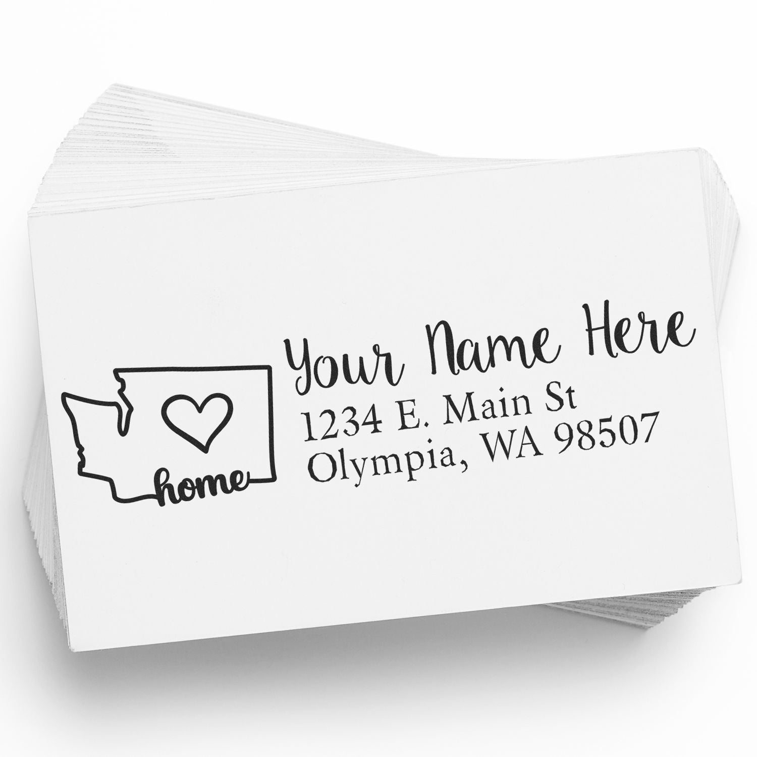 Stack of envelopes stamped with the Washington Self-Inking State Love Address Stamp, featuring a heart inside the state outline and customizable address text.