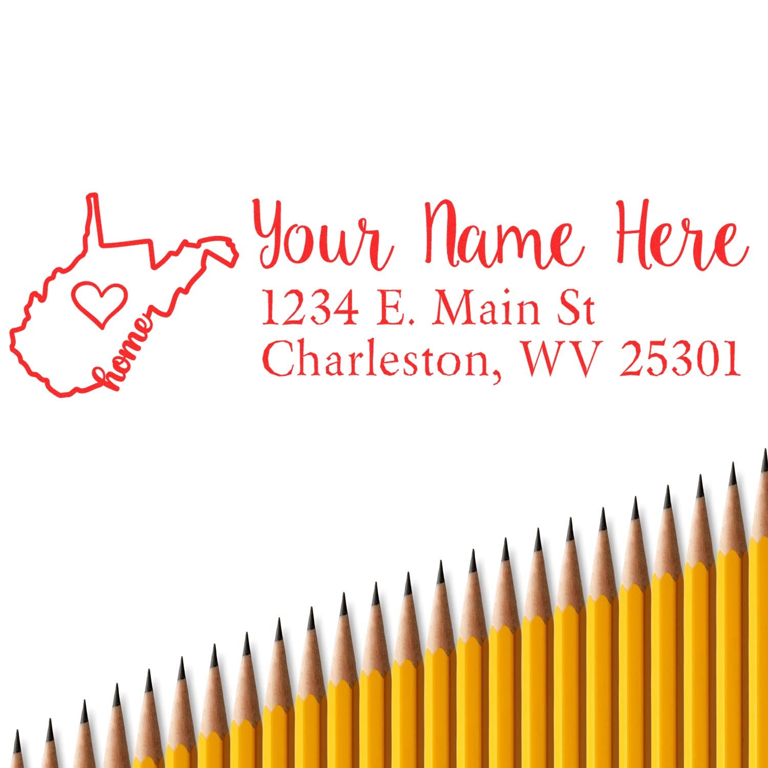 West Virginia Self-Inking State Love Address Stamp with a red outline of the state and heart design, personalized with Your Name Here and address. Yellow pencils are lined up at the bottom.