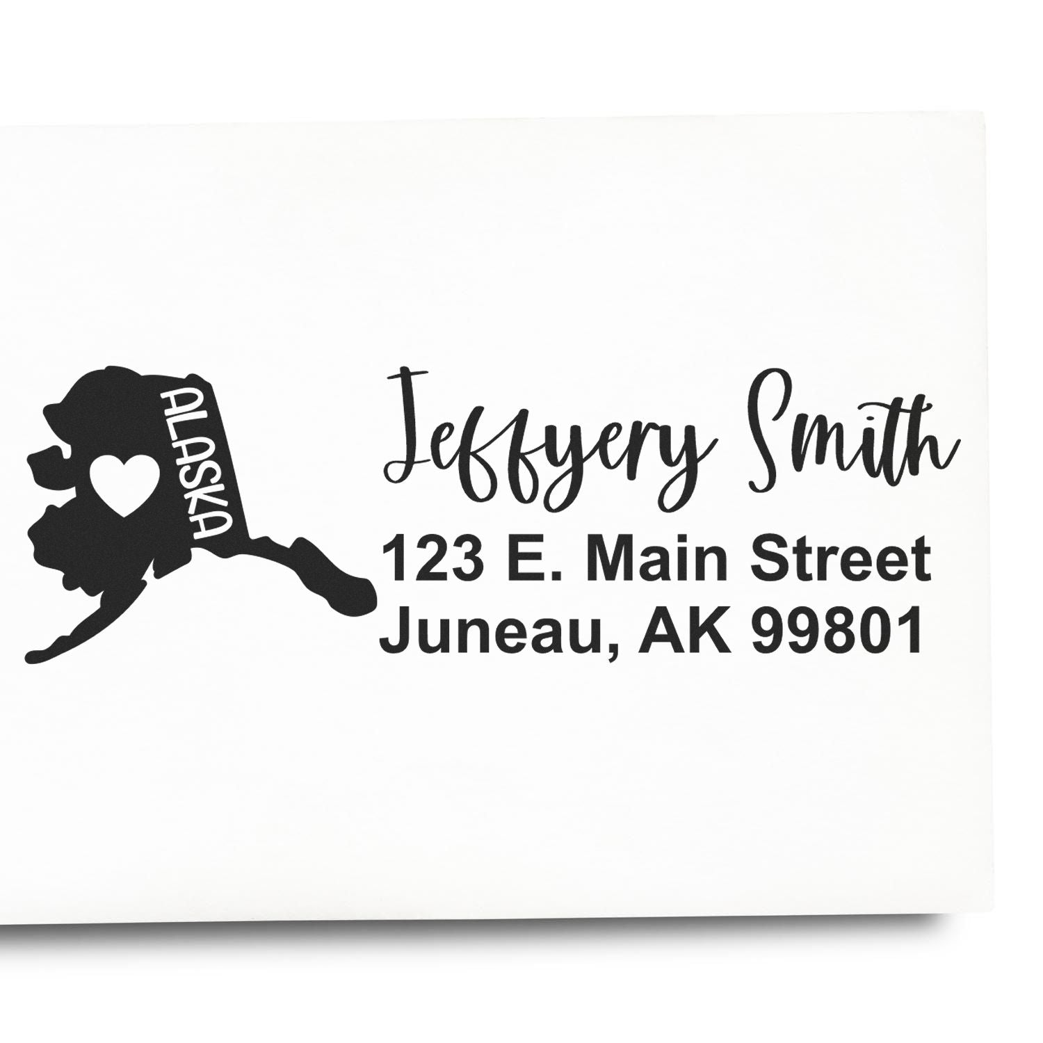 Alaska State Love Personalized Address Stamp featuring a heart on the Alaska map, with the name Jeffery Smith and address 123 E. Main Street, Juneau, AK 99801 in elegant black script.