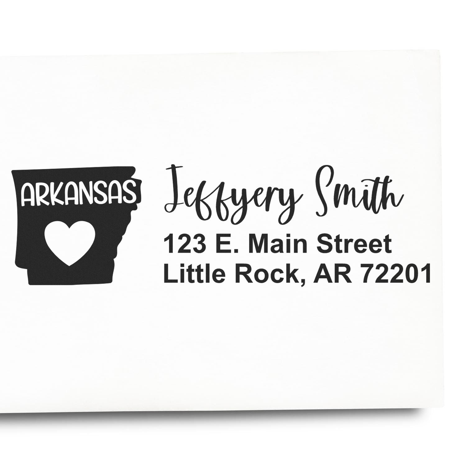 State Love of Arkansas Custom Address Stamp Self-Inking, featuring a heart and Arkansas text, personalized with Jeffery Smith, 123 E. Main Street, Little Rock, AR 72201 in elegant font.