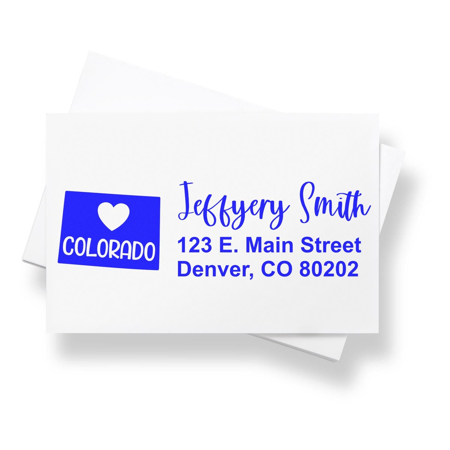 State Love of Colorado Custom Address Stamp Self-Inking on white envelope, featuring a heart and 'Colorado' design with blue text for name and address.