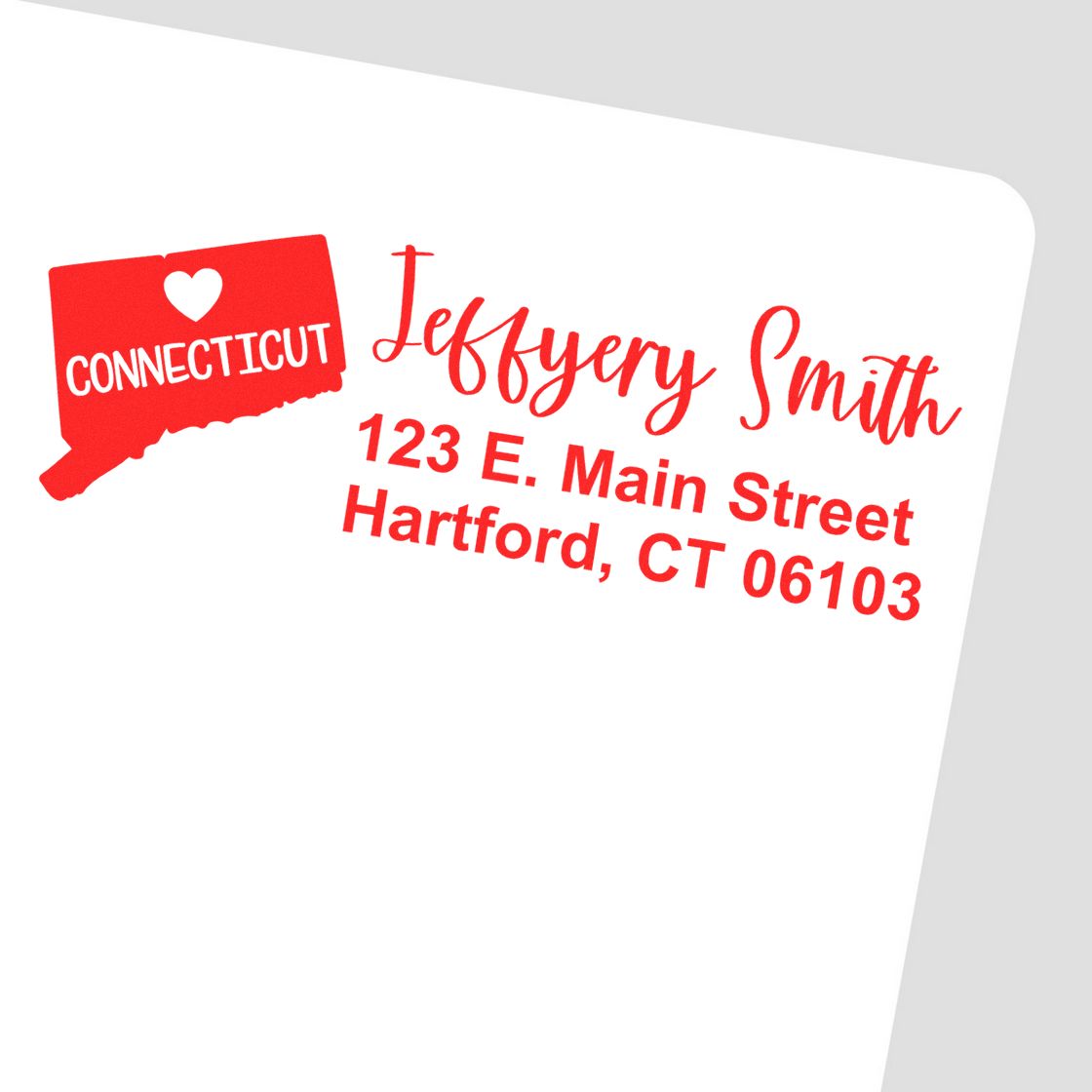 State Love of Connecticut Custom Address Stamp Self-Inking in red ink on white paper, featuring a heart and state outline, with personalized address for Jeffery Smith, Hartford, CT.