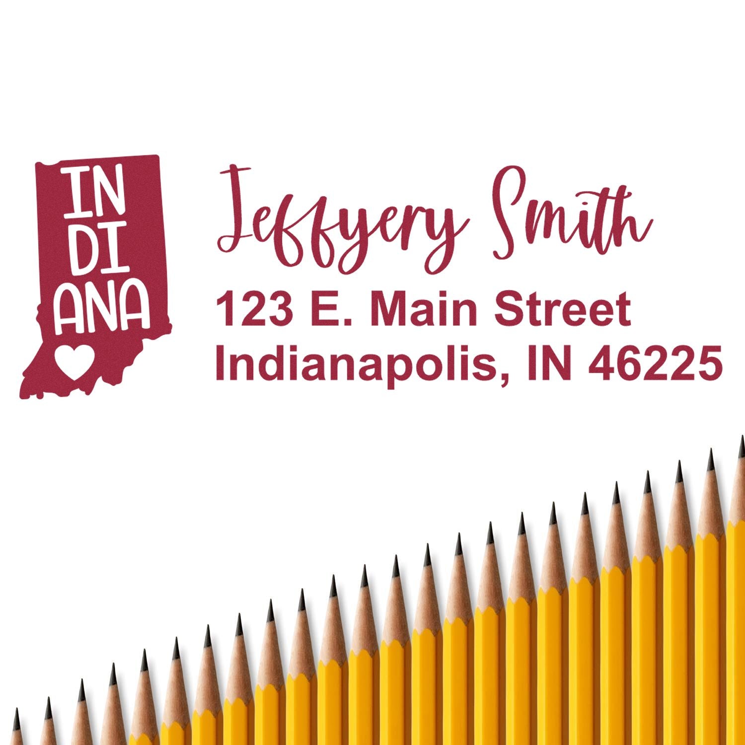 State Love of Indiana Custom Address Stamp Self-Inking displayed with a red Indiana map design, personalized with 'Jeffery Smith, 123 E. Main Street, Indianapolis, IN 46225' above a row of pencils.