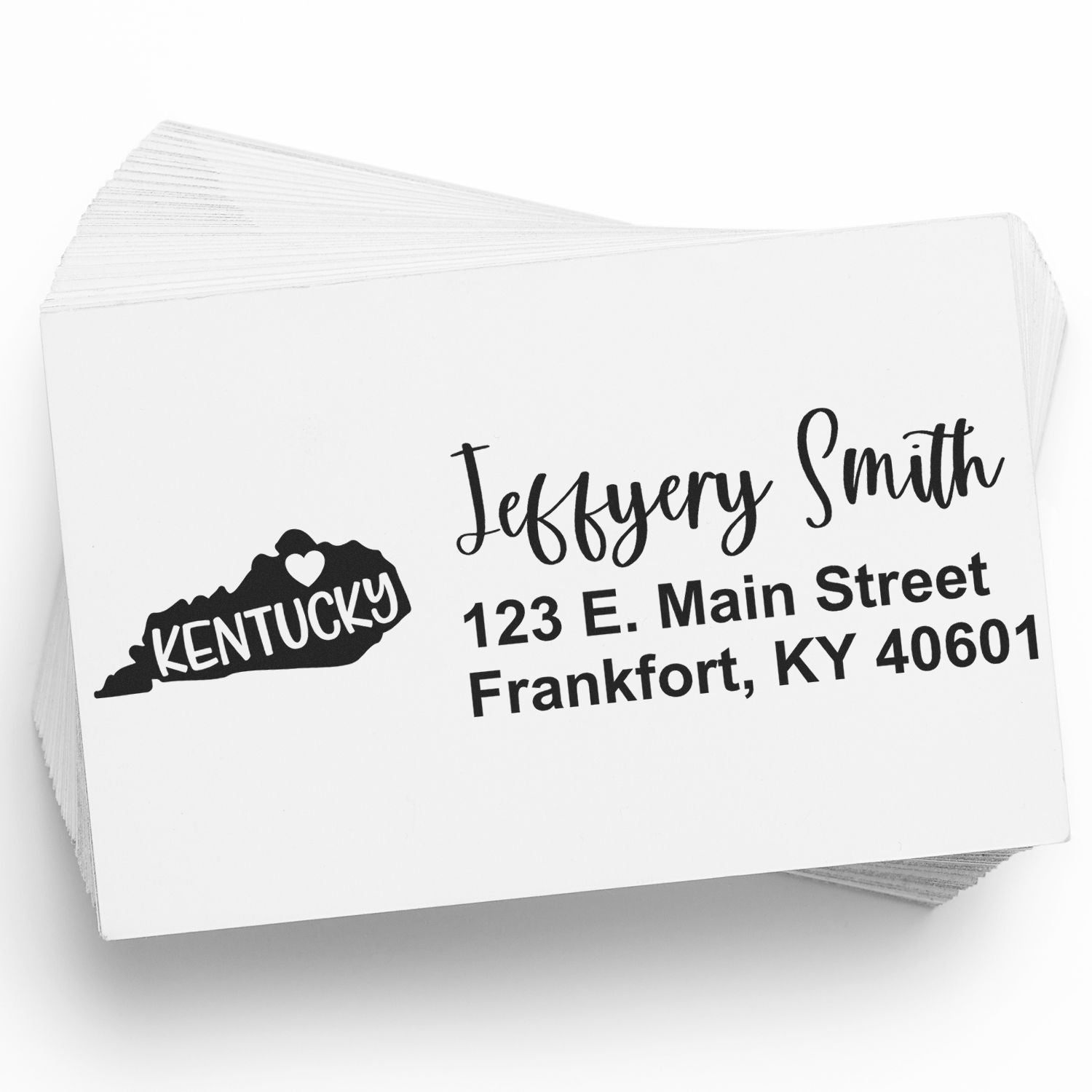 Kentucky State Love Personalized Address Stamp on white paper, featuring a heart within the state outline and sample address: Jeffery Smith, 123 E. Main Street, Frankfort, KY 40601.