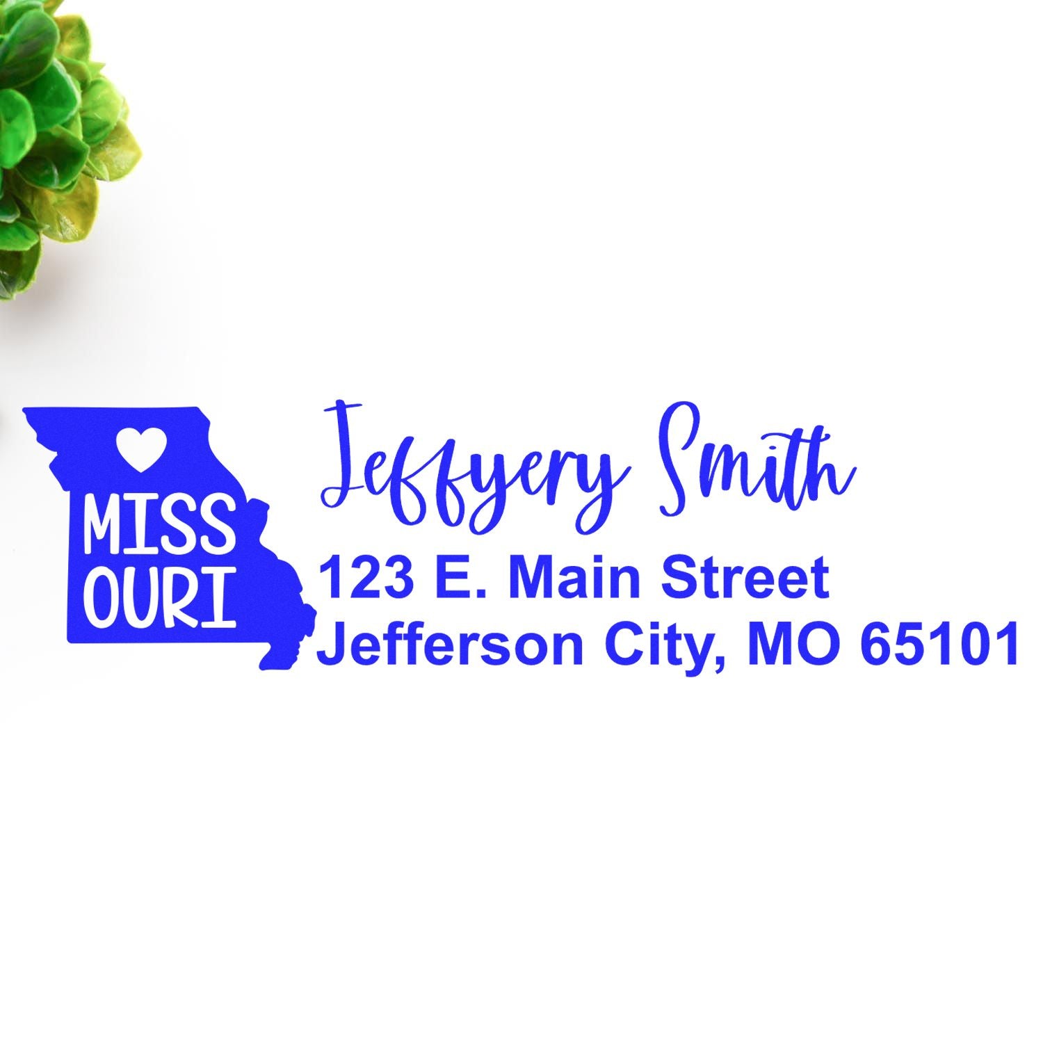 Missouri State Love Personalized Address Stamp featuring a blue state outline with a heart, personalized with Jeffery Smith, 123 E. Main Street, Jefferson City, MO 65101 in elegant font.