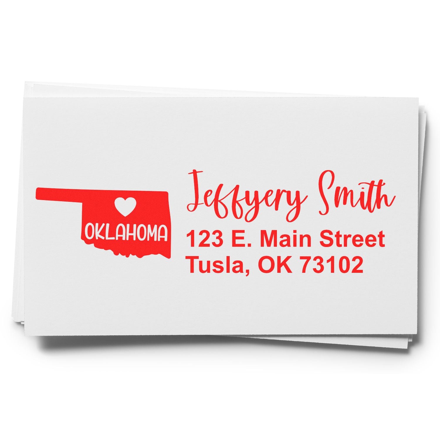 Image of the State Love of Oklahoma Custom Address Stamp Self-Inking on white paper, featuring a red Oklahoma state outline with a heart and personalized address in bold red text.