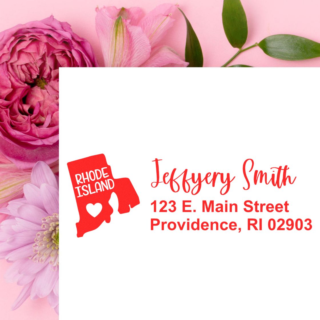 Rhode Island State Love Personalized Address Stamp on white paper with red text, featuring a heart and state outline. Background includes pink and purple flowers.