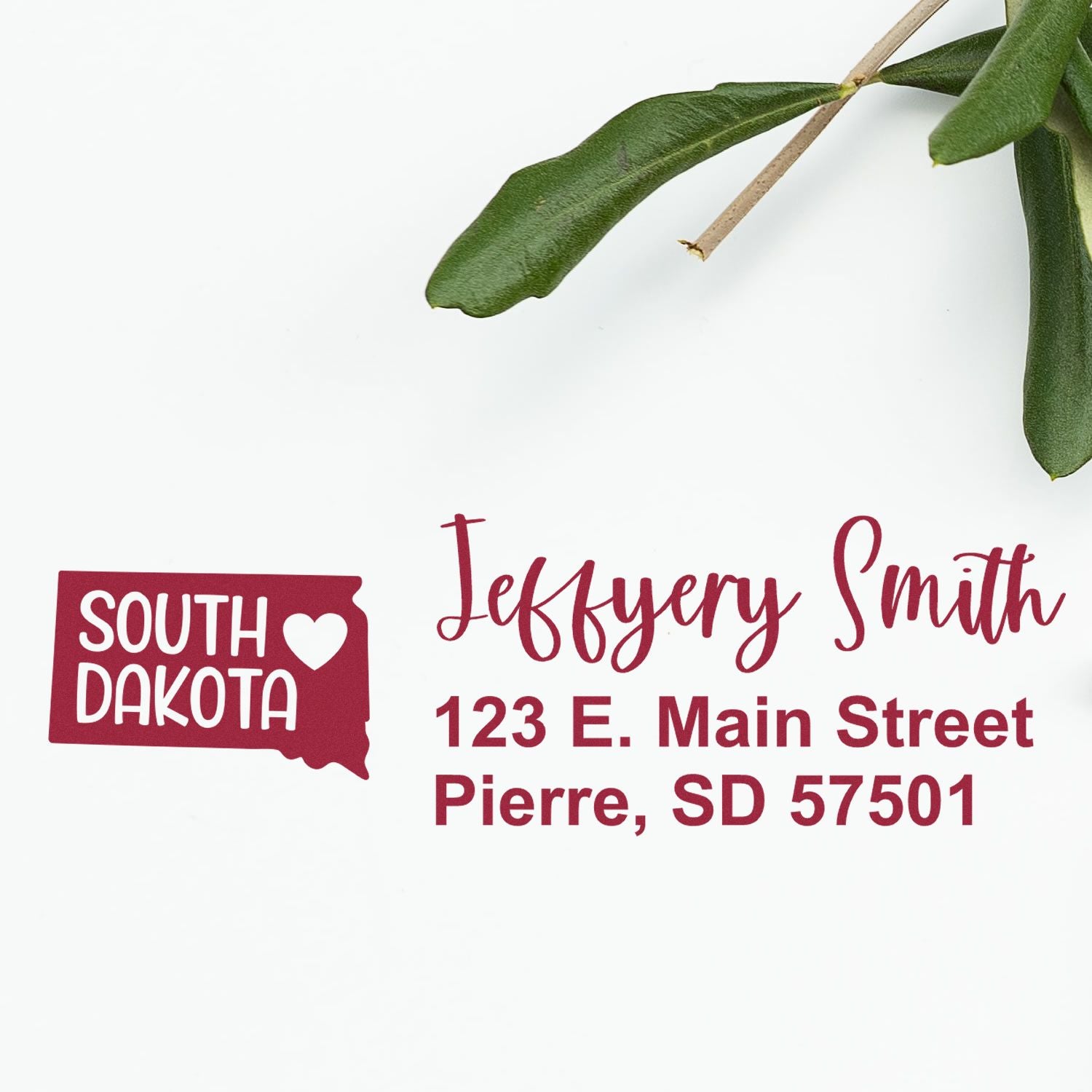 South Dakota State Love Personalized Address Stamp featuring a red state outline with a heart, next to the name Jeffery Smith and address in elegant script. Green leaves accent the design.