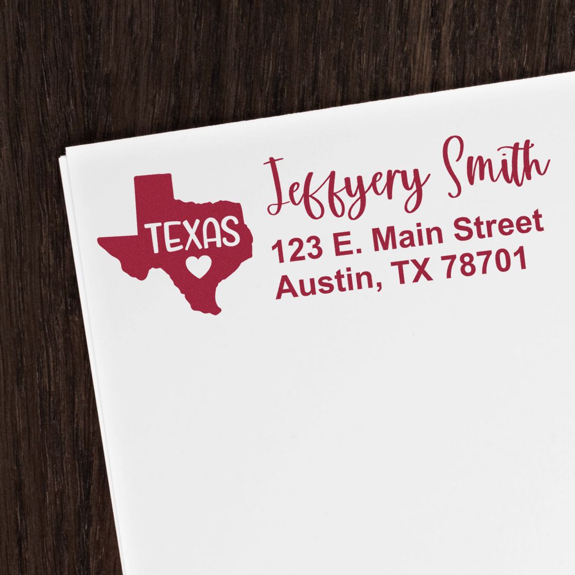 Texas State Love Personalized Address Stamp on an envelope, featuring a red Texas outline with a heart and custom address in elegant script. Perfect for adding a personal touch to your mail.