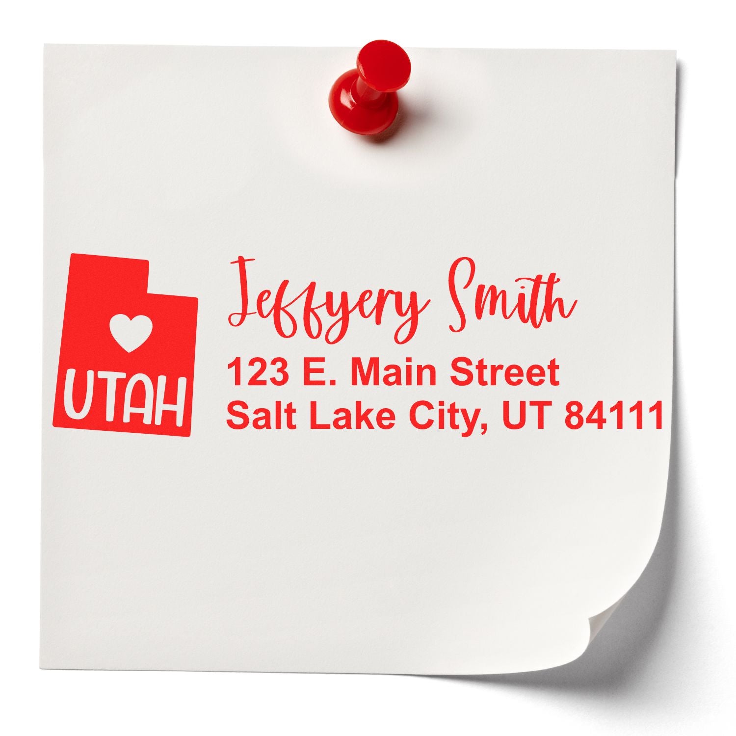 PSI Pre-Inked Utah State Love Customized Address Stamp on white paper with red text, featuring a heart and Utah outline, pinned with a red pushpin.